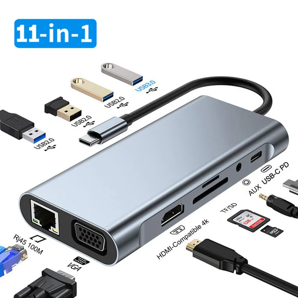 

USB C HUB to4K HDMI-compatible VGA RJ45 Adapter with PD TF SD Jack 3.5mm AUX 4/5/6/8/11 Port Dock Station for Macbook Pro/Air024