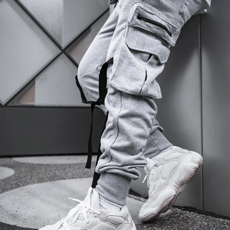 

Cotton Hip-Hop Fake Zippers Ribbons Big Pockets Men's Sweatpants Casual Loose Cargo Pants Jogging Training Trousers Streetwear