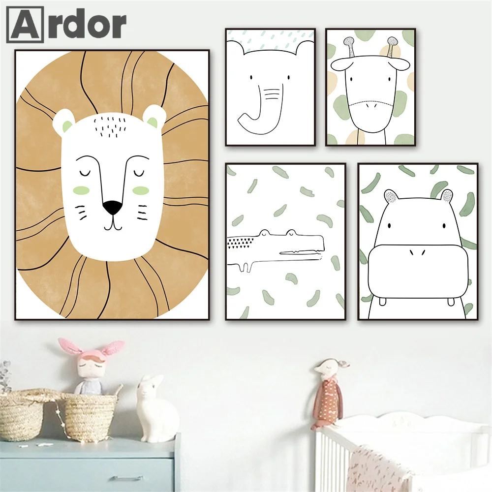 

Lion Elephant Deer Hippo Crocodile Green Leaves Wall Art Canvas Painting Nordic Posters And Prints Picture Kids Baby Room Decor