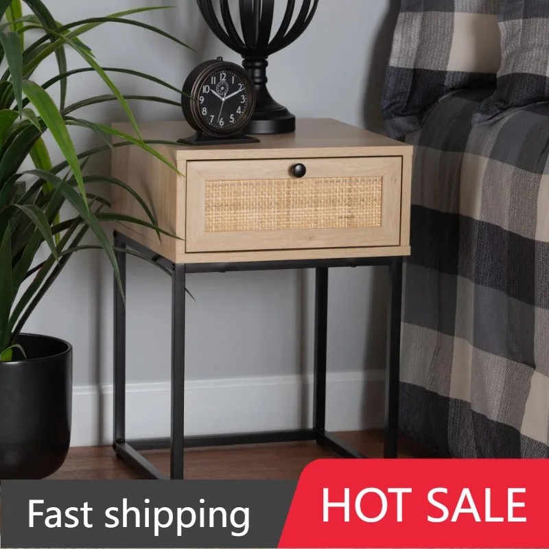 

Baxton Studio Amelia Mid-Century Modern Transitional Natural Brown Finished Wood and Natural Rattan 1-Drawer End Table