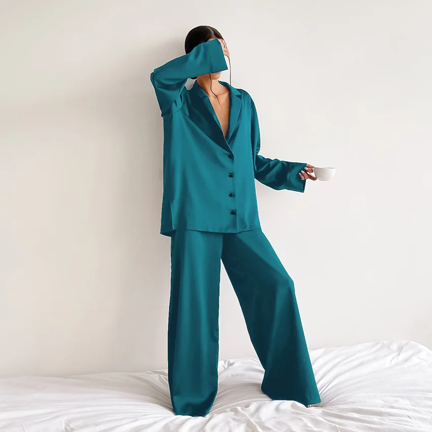 Women's  2 Piece Pajamas Sets Loose Pijama Oversized Satin Sleepwear Lapel Long Sleeve Shirt Trouser Loungewear Female Pyjama