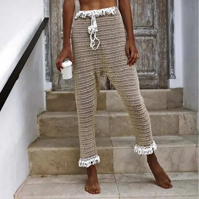 

Women's Fashion Crochet Chinos Drawstring Crochet Ankle-Length Pants Holiday Beach Plain Comfort Mid Waist Black Apricot