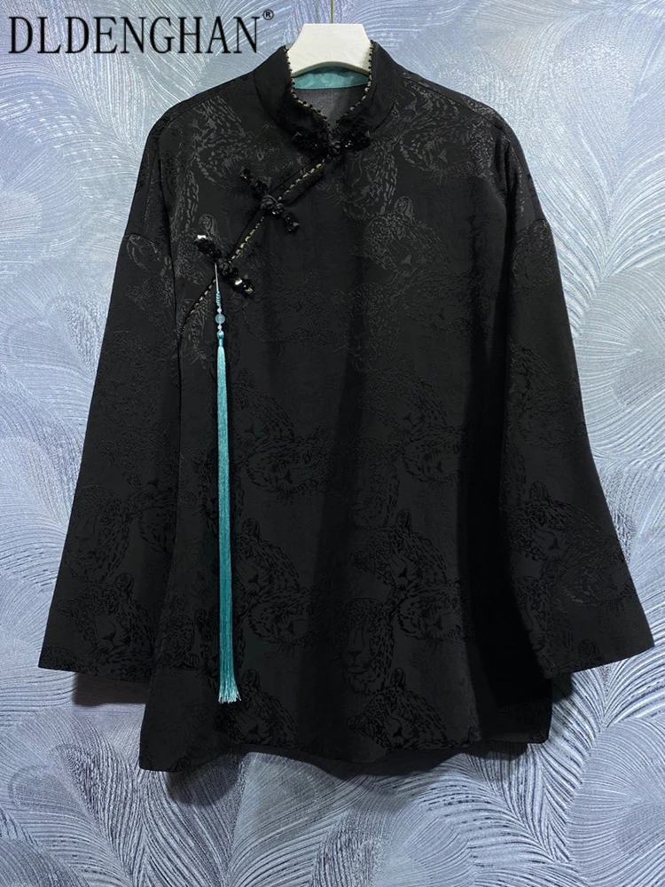 

DLDENGHAN Vintage Jacquard Jacket Women Stand Collar Long Sleeves Beading Black Chinese Style Outwear Fashion Spring New