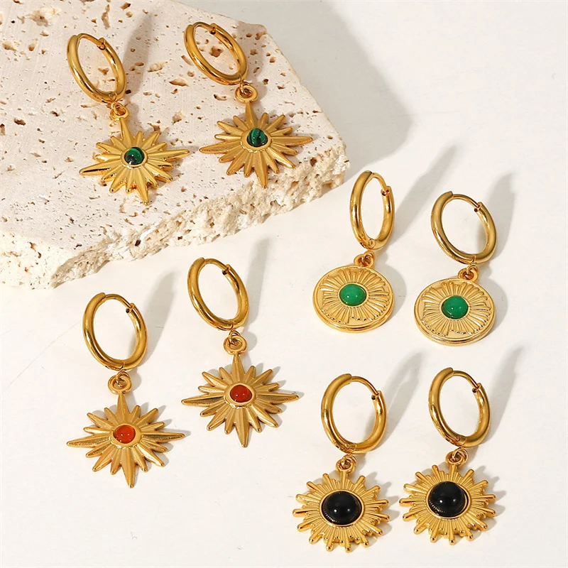 

YW GAIRU Modern Women's Natural Stone Octagram Pendant 18K Gold Plated Stainless Steel Sun Hoop Earrings Fashion Jewelry 2022