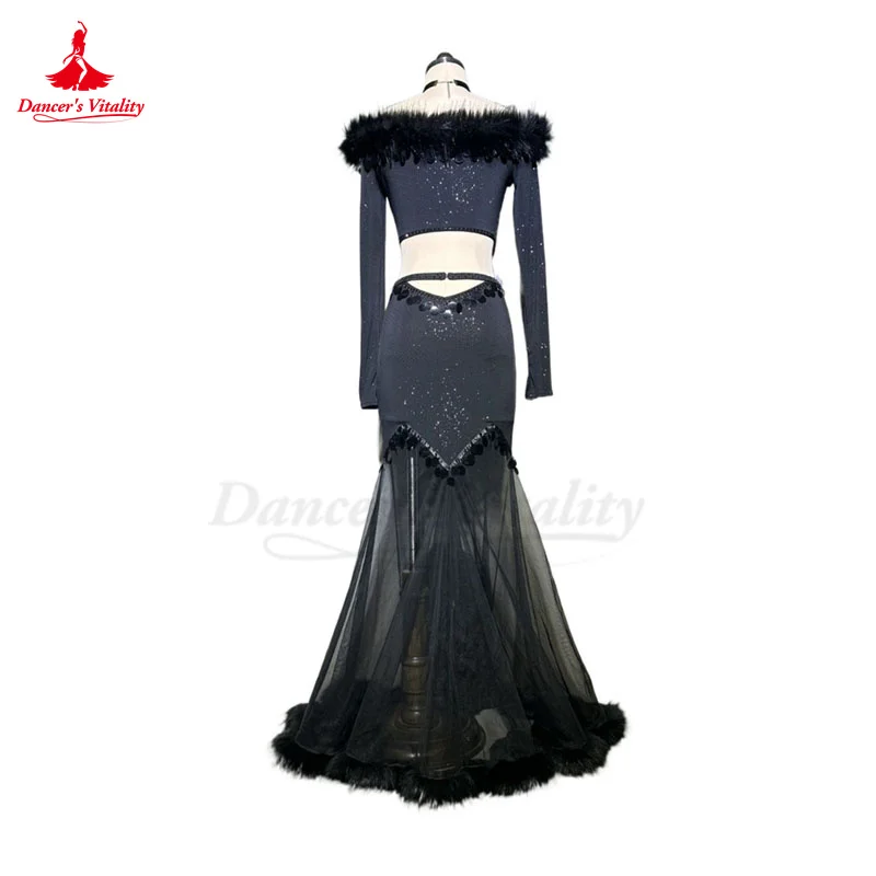 Женский костюм для танца живота топ с длинными рукавами и перьями + длинная юбка