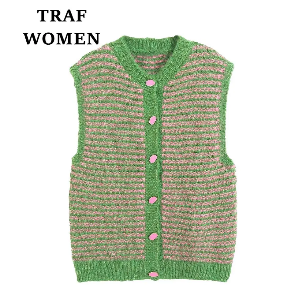 

TRAF WOMEN2023 Spring New Sleeveless Knitted Tank Top Casual Button O Neck Chic Female Fashion Elegant Sweater Tank Top 4331004