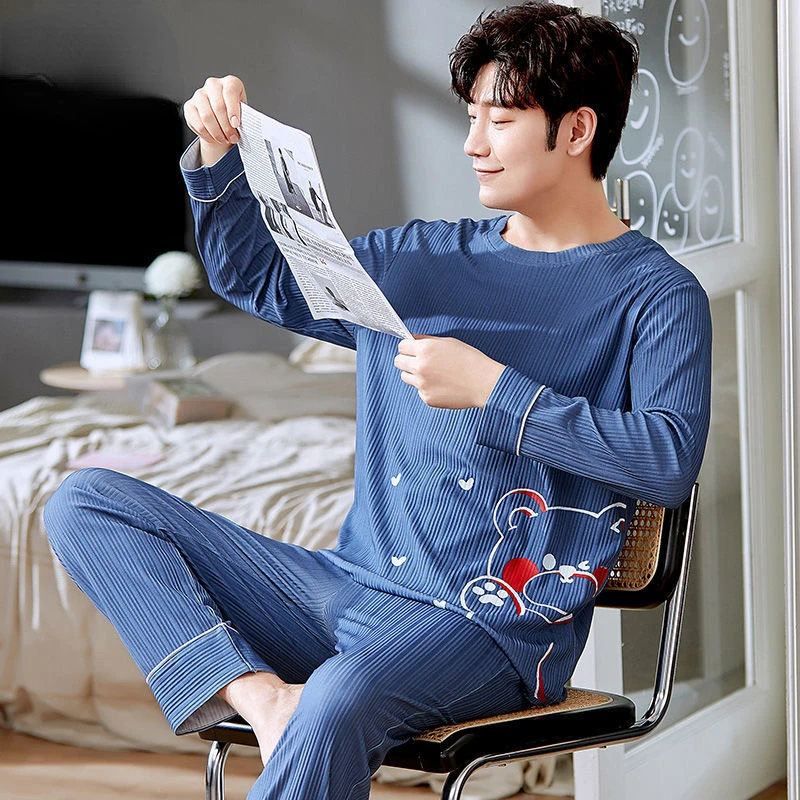 Spring Autumn Knitted Cotton Long Sleeved Men's Pajamas Sets Male Pajama Set Letter Pajama For Men Sleepwear Suit Homewear 3XL