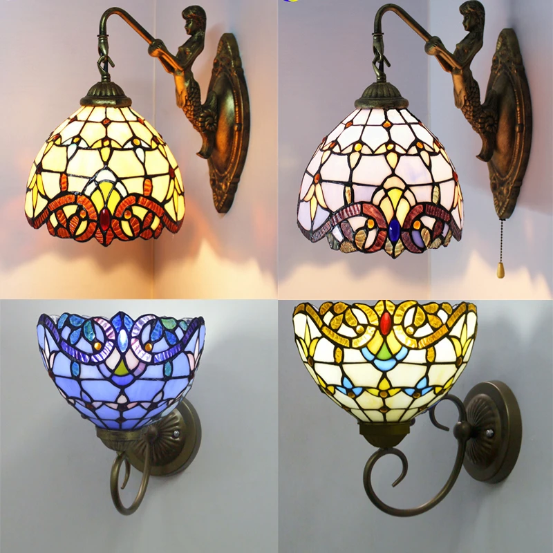 Tiffany Mermaid Wall Lamps Retro Stained Glass Baroque Asile Stair Wall Mounted Art Decor Sconce Bedside Bedroom LED Wall Light