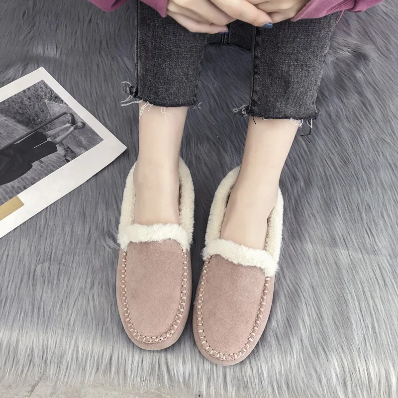 

2021 Winter new flat loafers women's outer wear beef tendon soft soled velvet warm comfortable round toe cotton shoes