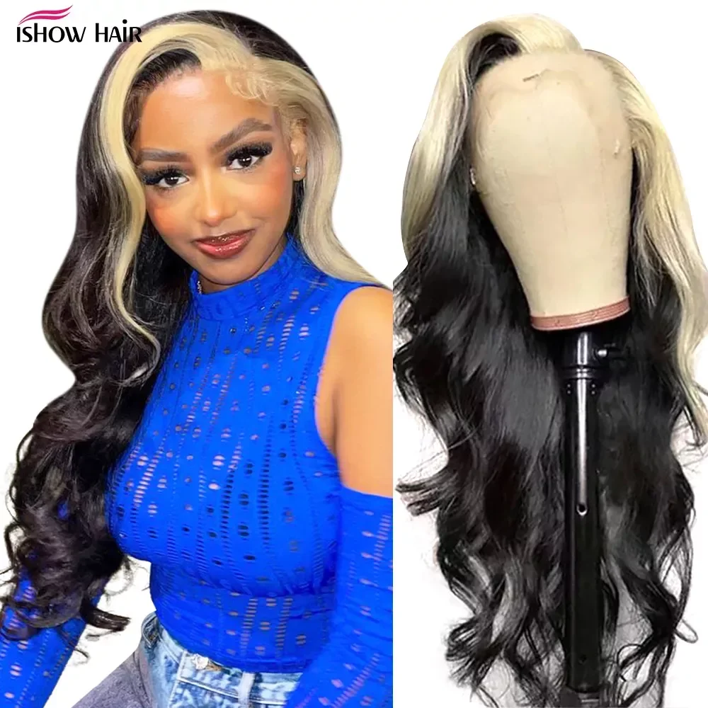 Ishow Blonde Highlight Wig Skunk Stripe Human Hair Wigs For Women HD Transparent 13X4 Lace Frontal Wig Body Wave Lace Front Wig