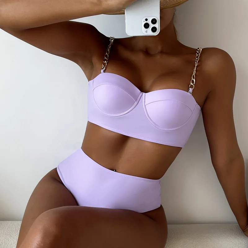 

Summer Women Split Swimwear Metal Straps High Waist Female Two Pieces Swimsuits Solid Color Beach Pool Surfing Bathwear