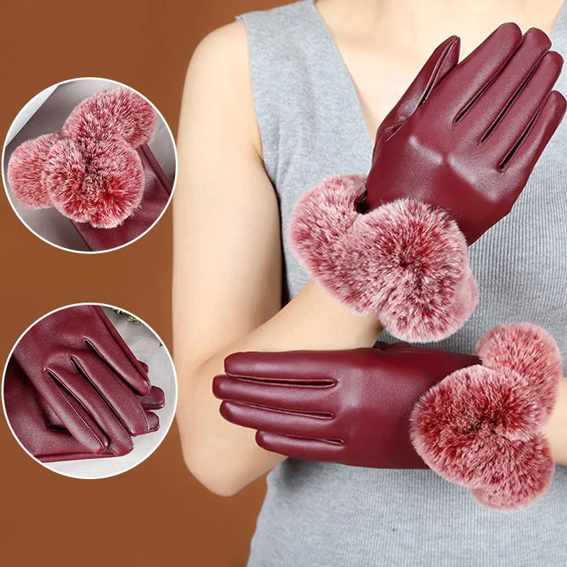 

2022 New Women Winter Gloves Faux Rabbit PU Leather Touch Screen Mittens Lady Female Outdoor Driving Warm Gloves