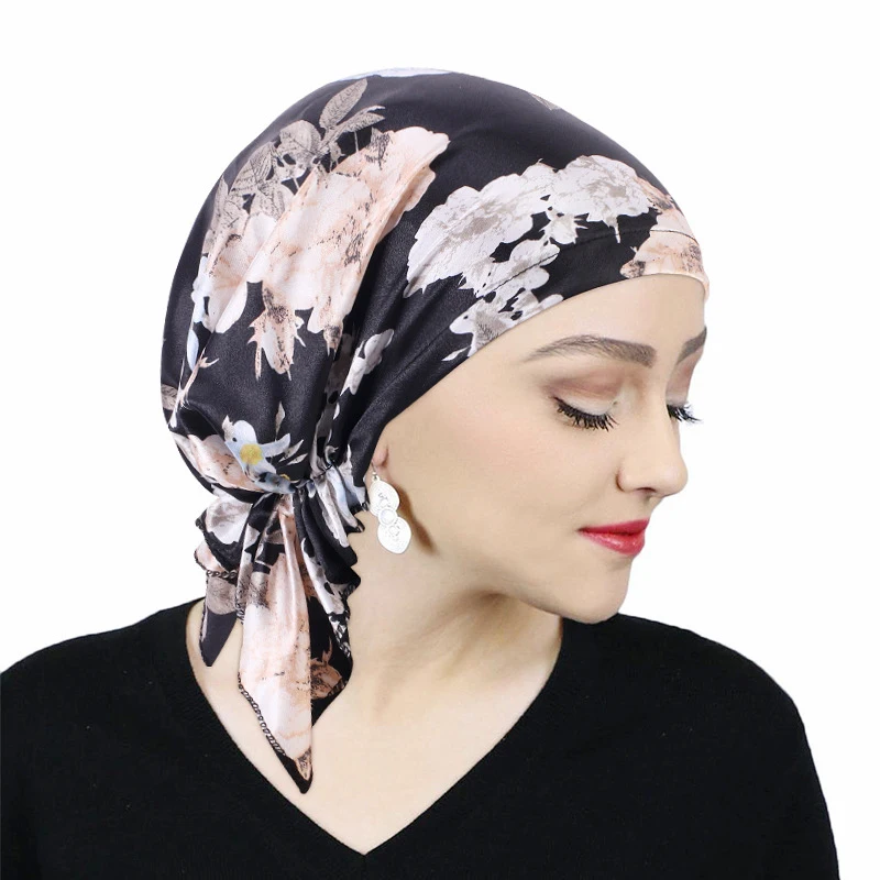 

Satin Muslim Pre-Tied Scarf Chemo Beanies Bonnet Caps Women Print Flower Turban Hat Headscarf Wrap Cancer Cover Hair Accessories