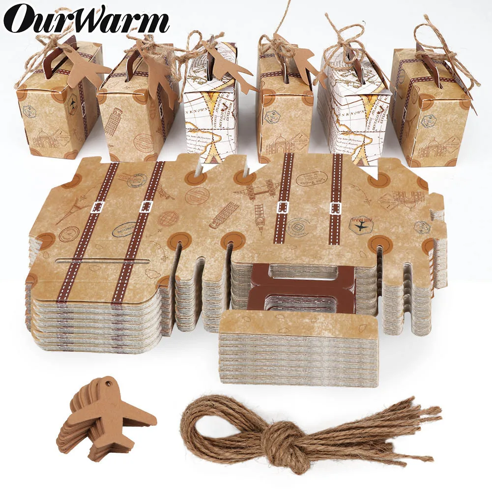 OurWarm 10/20pcs Wedding Travel Theme Party Candy Box Suitcase Vintage Kraft Paper With Tags and Burlap Twine Gift Wedding Decor