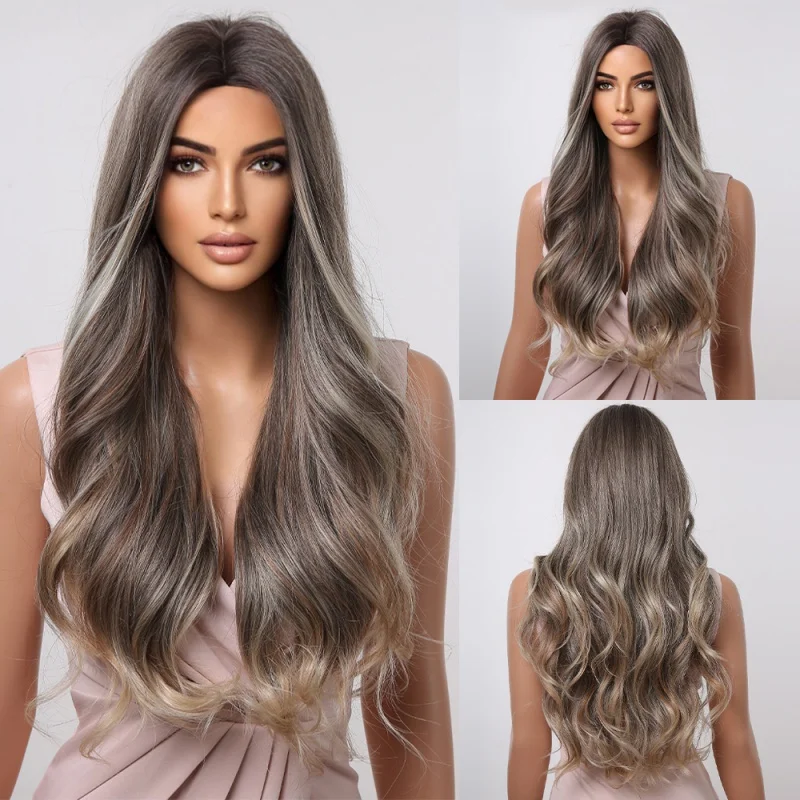 

EASIHAIR Ombre Brown Gray Ash Synthetic Long Wavy Wigs Middle Part Mixed Blonde Wig for Black Women Daily Cosplay Heat Resistant