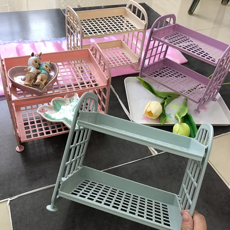 

Korea Cute Desktop Storage Rack Plastic Double Layer Organizer Japanese Room Decoration Cosmetic Desk Storage Shelf Organization