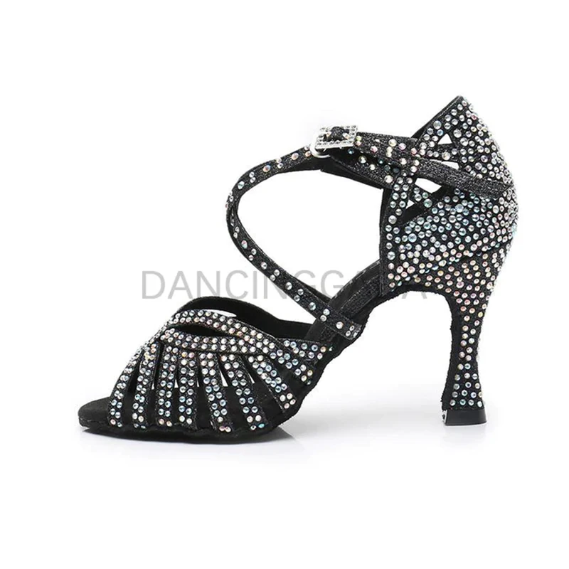 Black Shining Latin Dance Shoe Woman Ballroom Elegant Woman Shoes Salsa Dancing Ladies Sandals Woman 2022 For Girl High Heel 7.5