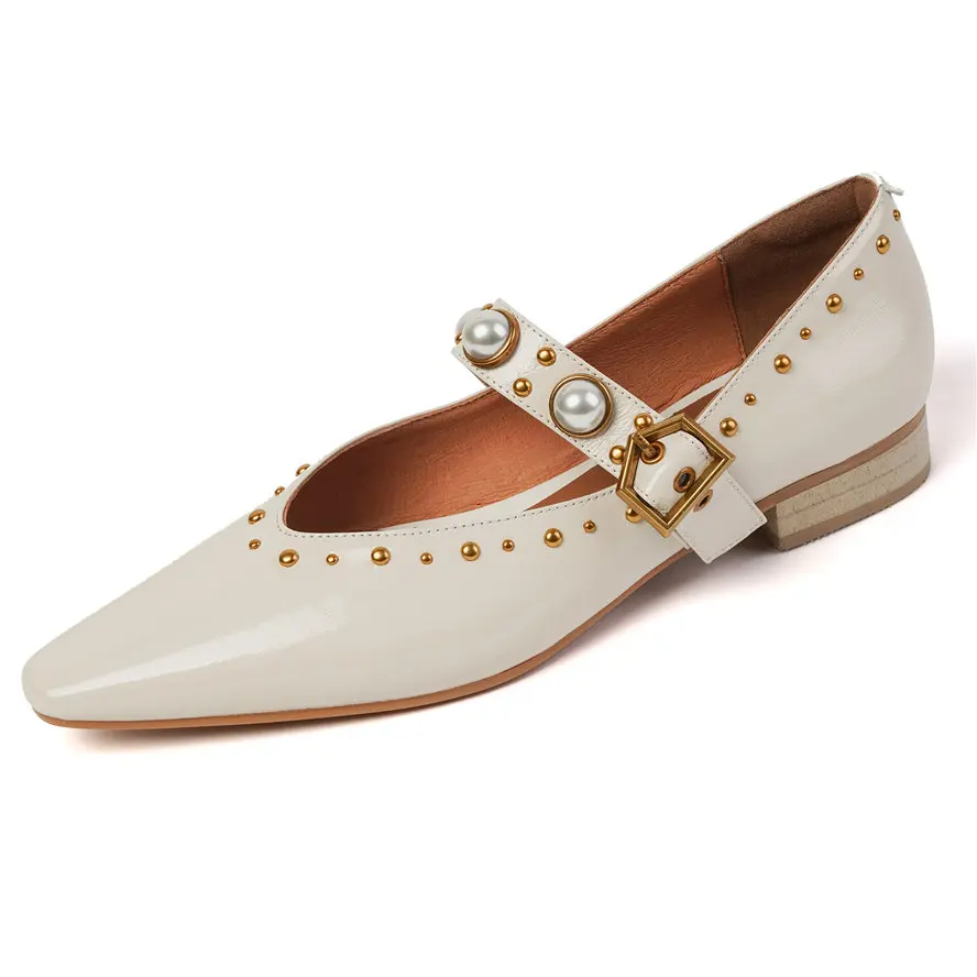 Elegant Soft Loafer Women's Genuine Leather Ballet Flats Rivets Buckle Pearls Oxfords Casual Shallow Ankle Boots Casual Punk