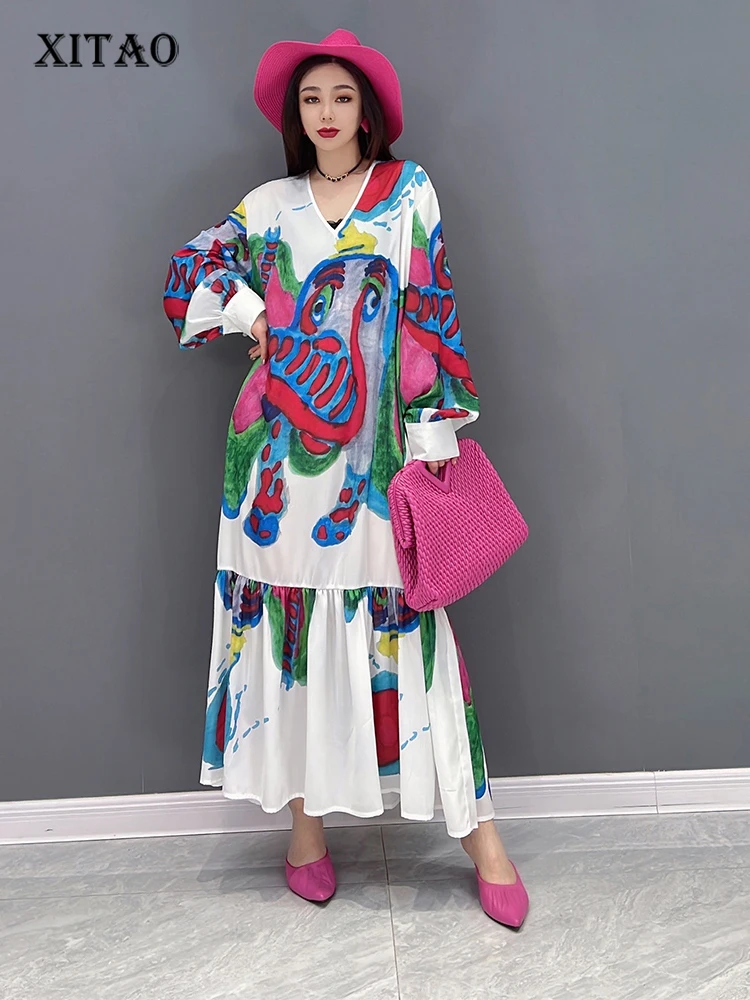 

XITAO, плиссированный пуловер с принтом, с рисунком богини, веер, элегантное, 2022, летнее, свободное, элегантное платье с высокой талией, WMD6075