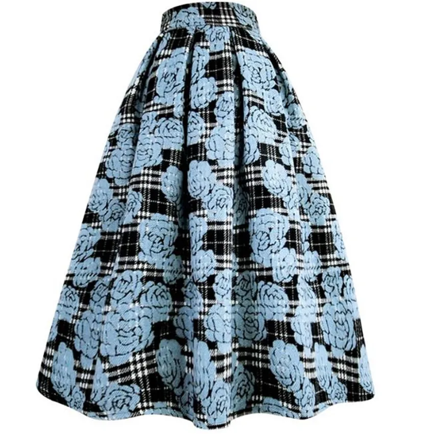 Winter Thick Plaid Printed Wool Ball Gown Skirts For Women High Waist Party Princess Vintage