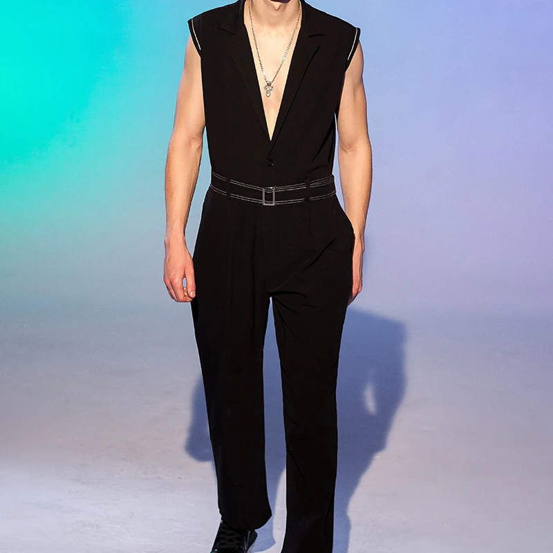 Brand Spring New Men Loose Sleeveless Black Overalls Straight Leg Jumpsuit Male Fashion Casual Wide Leg Pants Suit Trousers