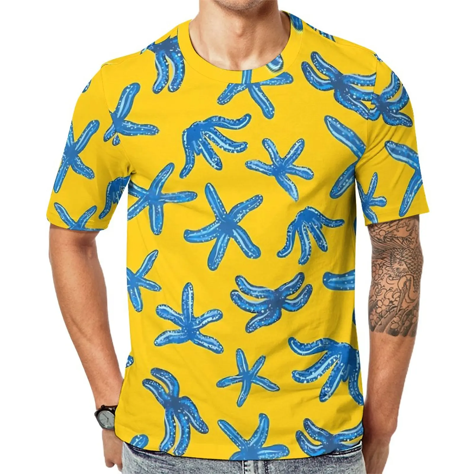 

Blue Starfish Print T-Shirt Abstract Animal Harajuku T Shirts Man Aesthetic Tshirt Summer Short Sleeves Custom Top Tees 5XL 6XL