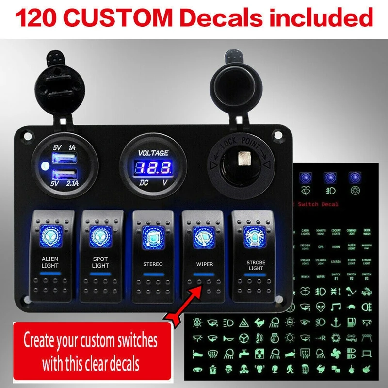 

Switch 12v Camper 5 Gang Dual USB LED Rocker Panel For Marine Boat Car Truck Toggle Waterproof Speedboat