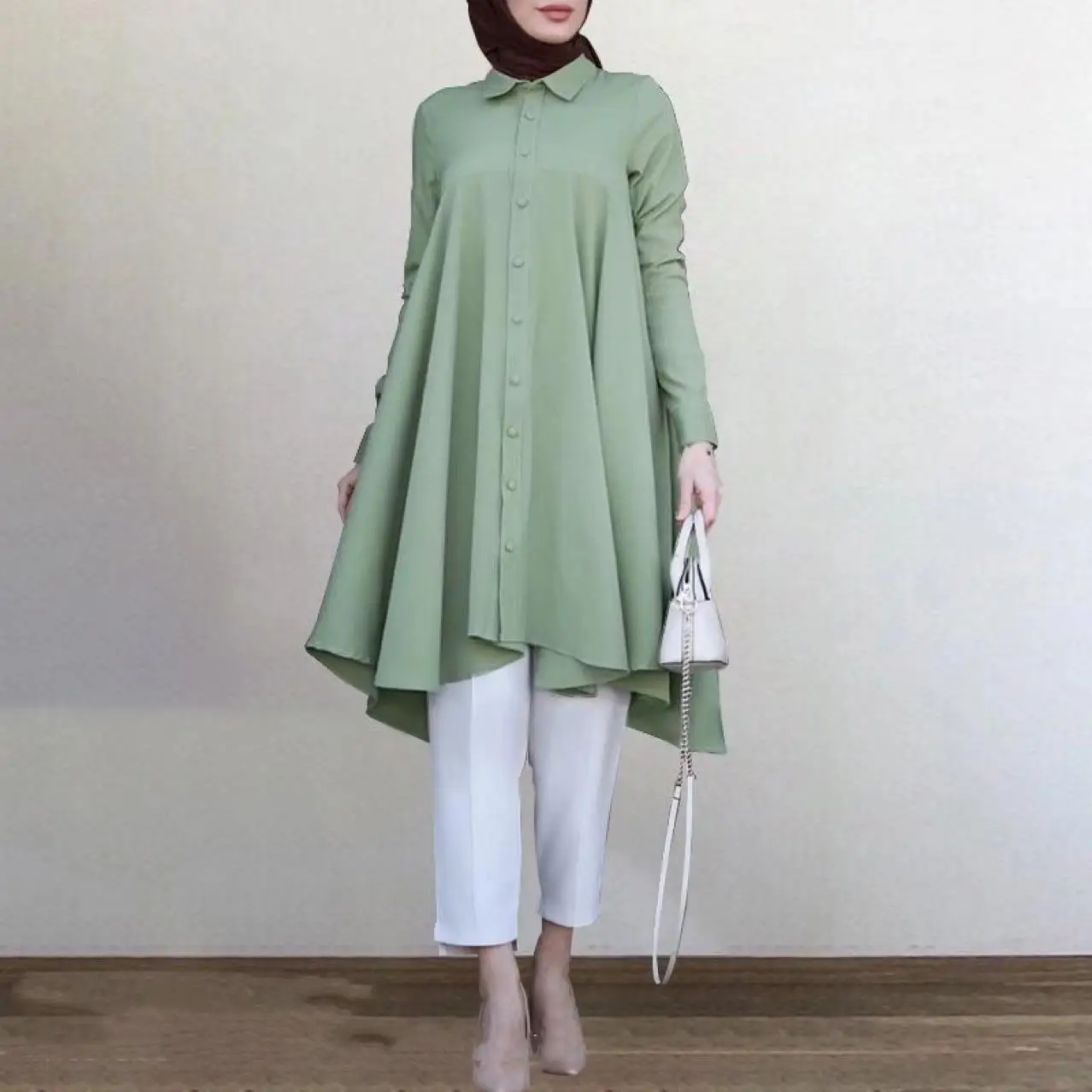 Women's Solid Blouse Muslim Fashion Long Sleeves Shirt Collar Single-Breasted Tops Middle East Islam Malaysia Lady Casual Blusas