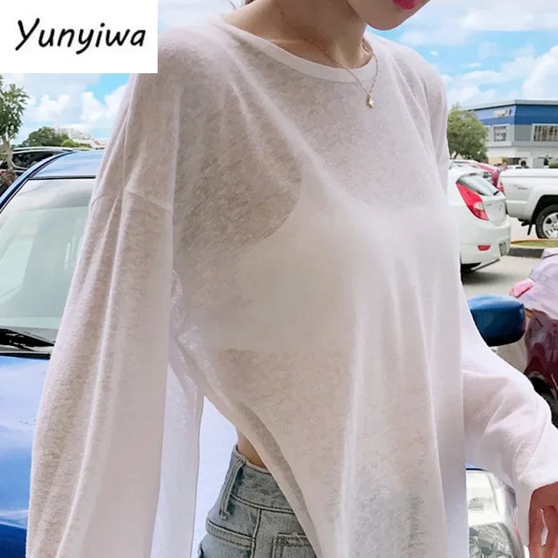 Футболка женская тонкая прозрачная в Корейском стиле пляжная шикарная рубашка