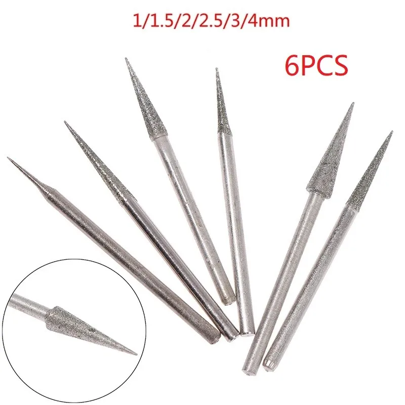 

6pcs 1-4mm Diamond Grinding Needle 2.35mm Shank For Grinding Model Inner Holes Jade Glass Engraving Tools