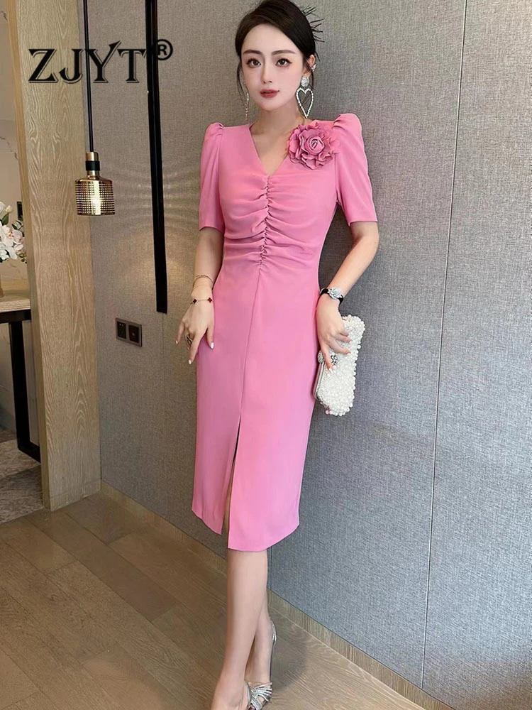 ZJYT Summer Dress Women 2023 Short Sleeve 3D Floral Simple Elegant Vestidos Para Mujer Pink Dresses Ladies Robe Femme Party