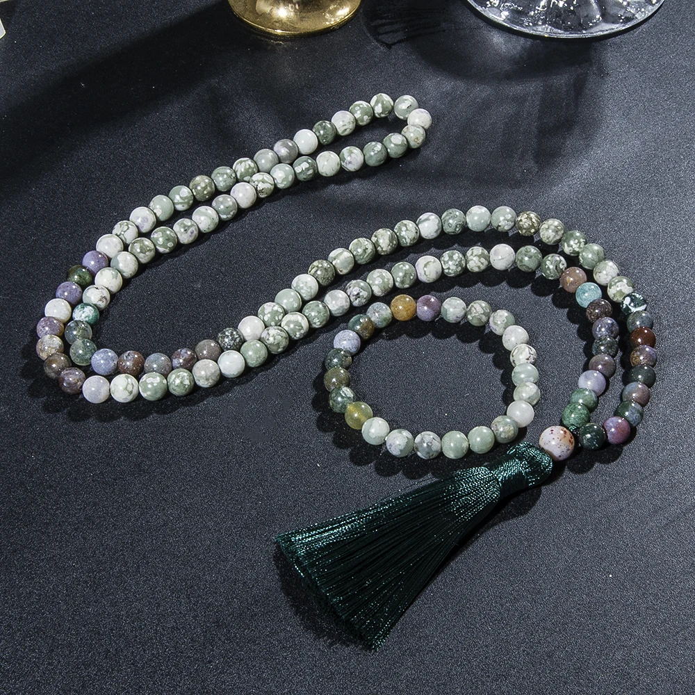 

8mm Lucky Jade Indian Onyx Beaded 108 Mala Necklace Men and Women Meditation Yoga Prayer Rosary Set Japamala Tassel Jewelry