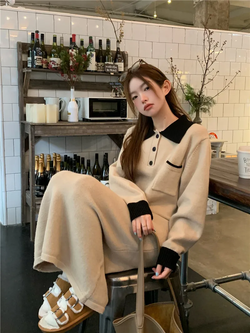 Design Contrast Color Polo Collar Knitted dress Women Temperament New Winter Casual Loose Soft Glutinous Sweater Long dress