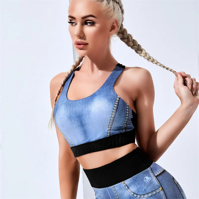 

Denim Print Yoga Set Women Splicing Sleeveless Leggings 2Pcs Sports Set Gym Workout Fitness Running Tracksuit