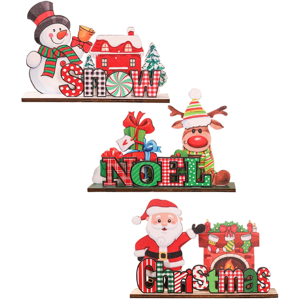 

3 Pcs Christmas Wooden Ornaments Table Centerpieces Xmas Desktop Decor Signs Dining Party