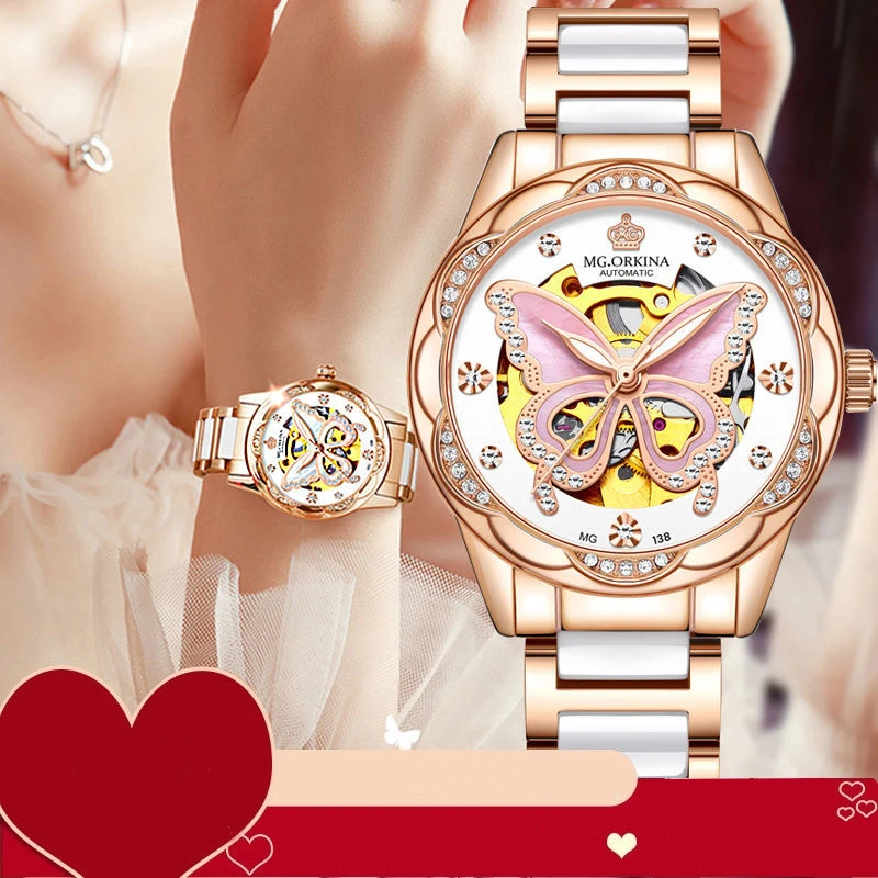 

Valentine's Day Gifts For Women Automatic Mechanical Wristwatch Ceramic Strap Skeleton Butterfly Luxury Ladies Watch Waterproof