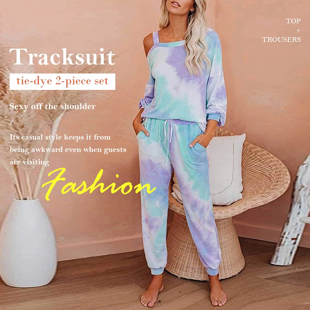 

Ladies Tie-Dye Casual Suits Cold Shoulder Pajamas Suits Casual T-Shirt + Pants 2 Piece Loungewear Sets Sexy Off-the-shoulder Top