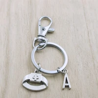 nurse cap hat keyring letter car key chain ring lobster clasp initial charm women jewelry accessories pendant round metal