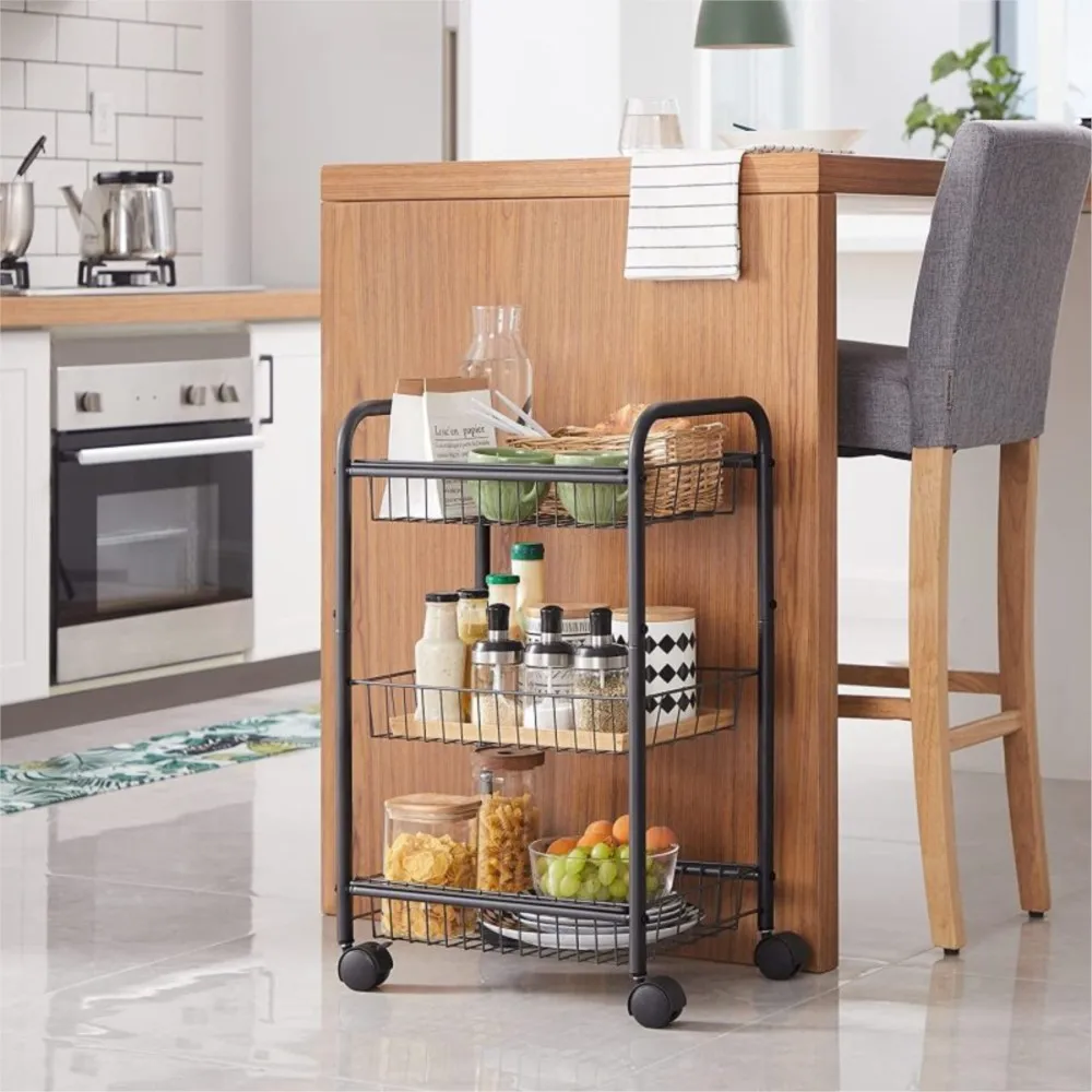 

With Handles For Home Living Room Metal Rolling Cart 3-Tier Kitchen Serving Cart With Storage Baskets Lockable Utility Trolley