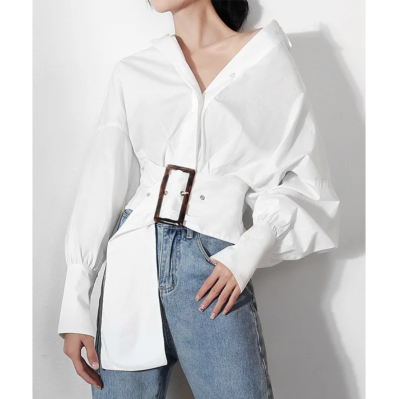 

SuperAen Spring 2022 Office Lady White Shirts Belt Full Solid Casual Slim Women Tops