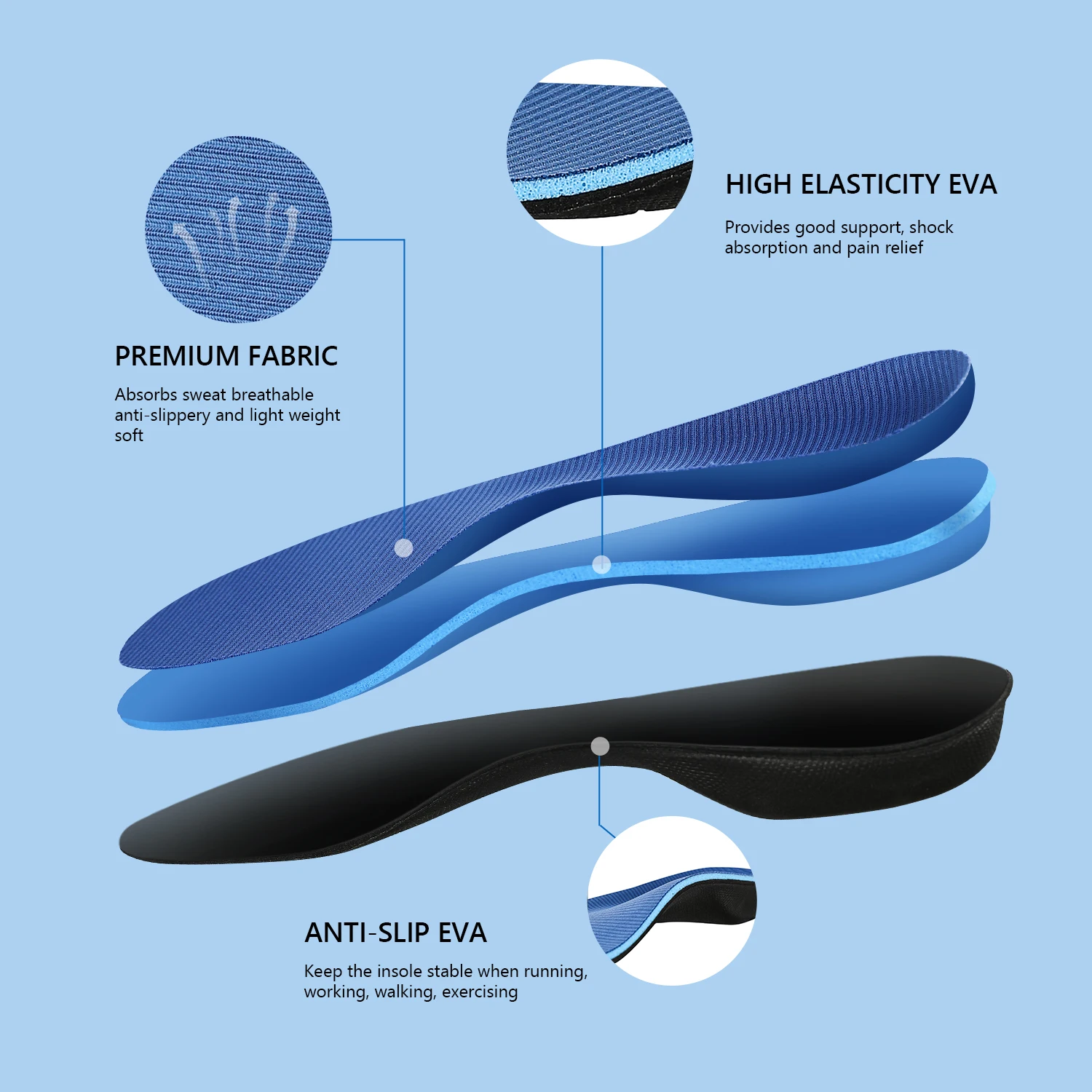 PCSsole 3cm High Arch Shoe Insole Orthopedic Flat Foot Plantar Fasciitis Insole Blue Memory Foam EVA Sole  Sport Insoles 126