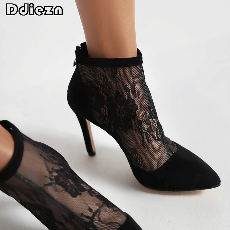 

Женские босоножки на высоком каблуке, босоножки большого размера с острым носком и кружевом, обувь для вечеринки, 2023