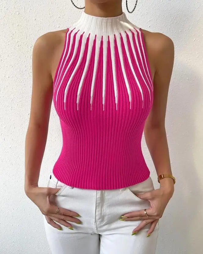 

Women's Summer New Fashion Abstract Pattern Mock Neck Casual Sleeveless Tank Top Pullover Basics Tee 2023 Vest Streetwear