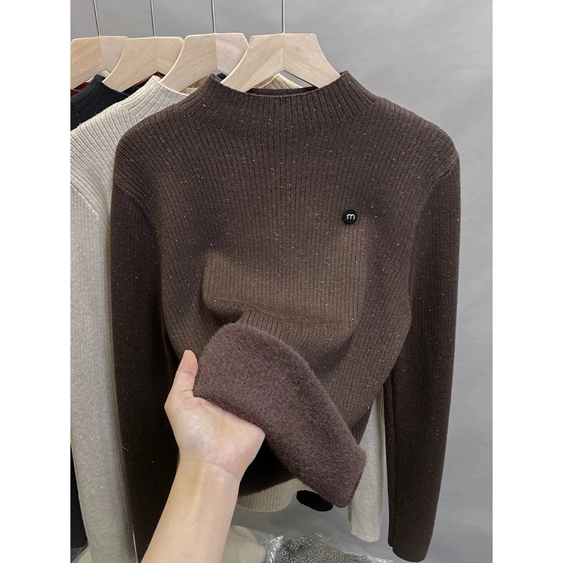 Однотонные яркие пуловеры свитера с воротником-стойкой флисовый теплый трикотаж