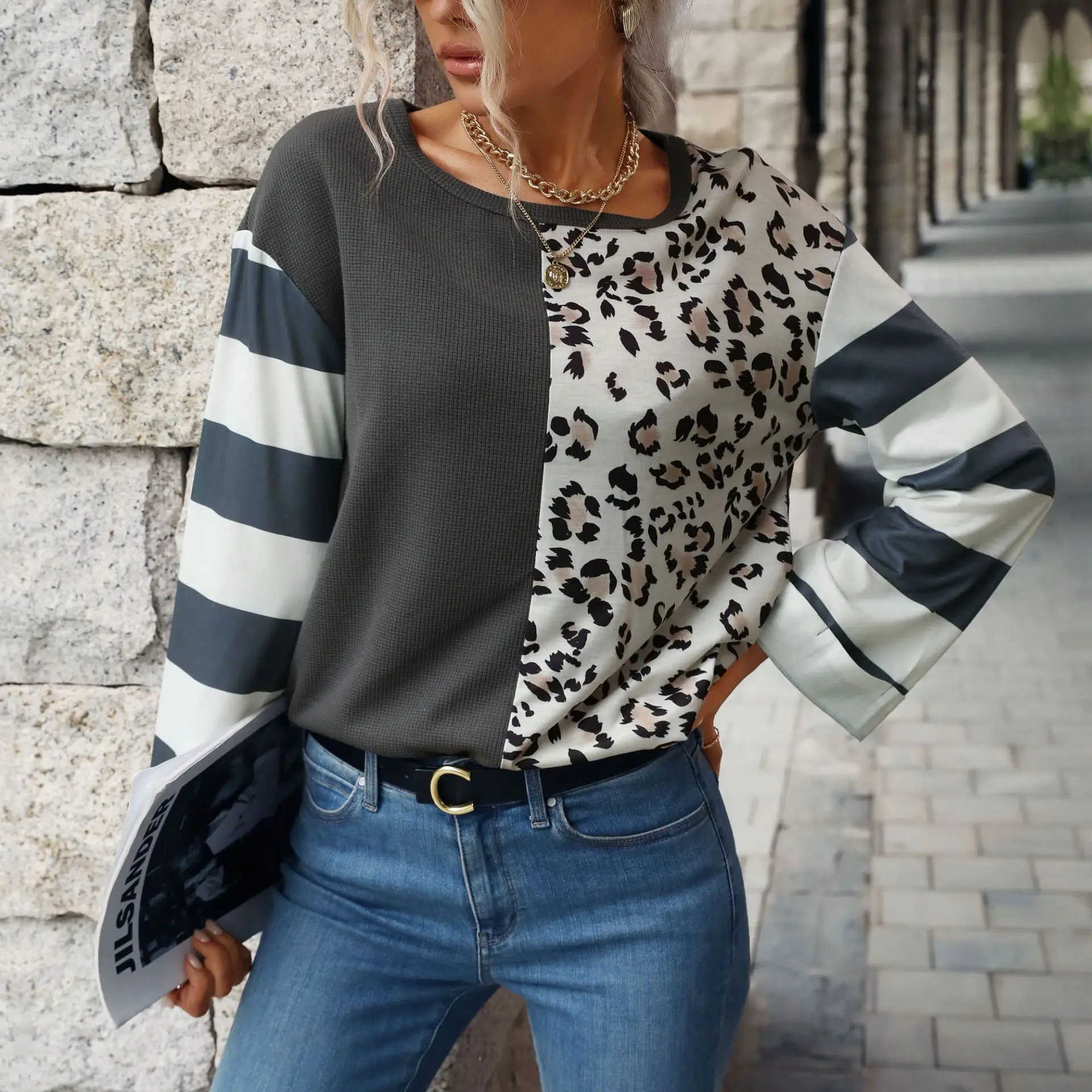 

Международная торговля 2023 новинка осень/зима Топ с прострочкой вафельный вязаный пуловер свитшот