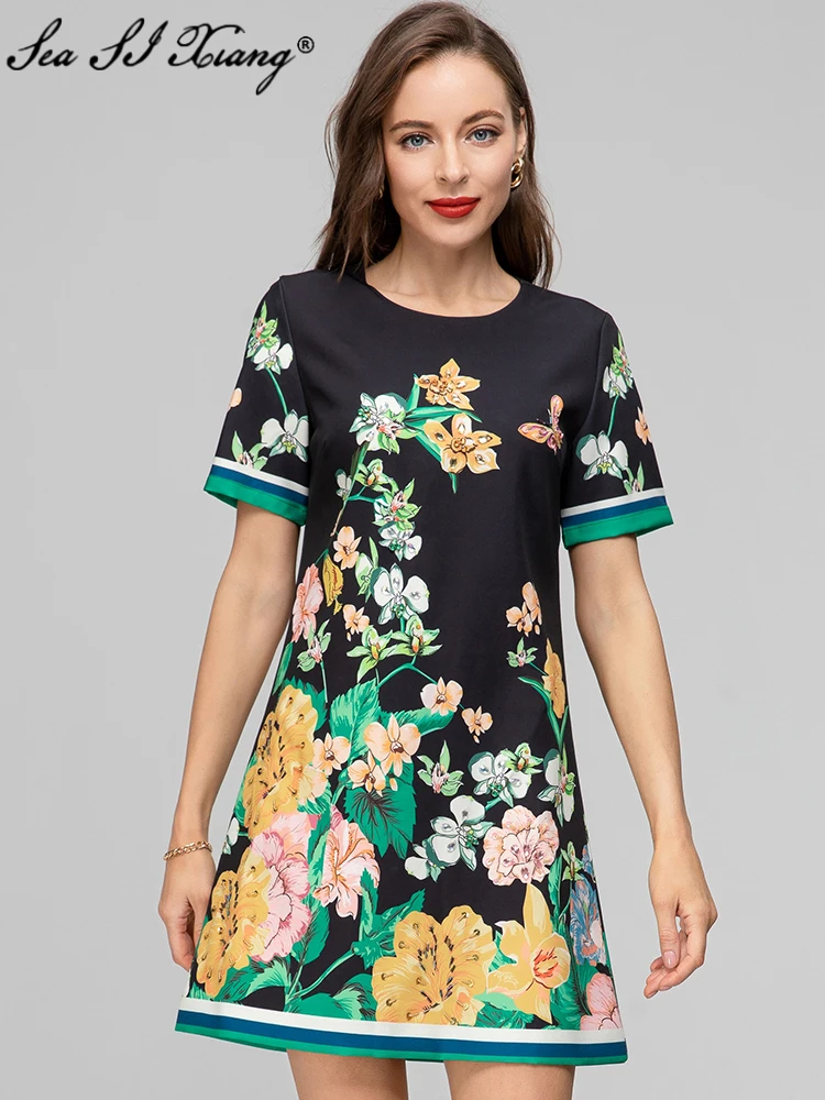 

Seasixiang Fashion Designer Spring Summer Dress Women O-Neck Short Sleeve Crystal Diamonds Flowers Print Vintage Dresses