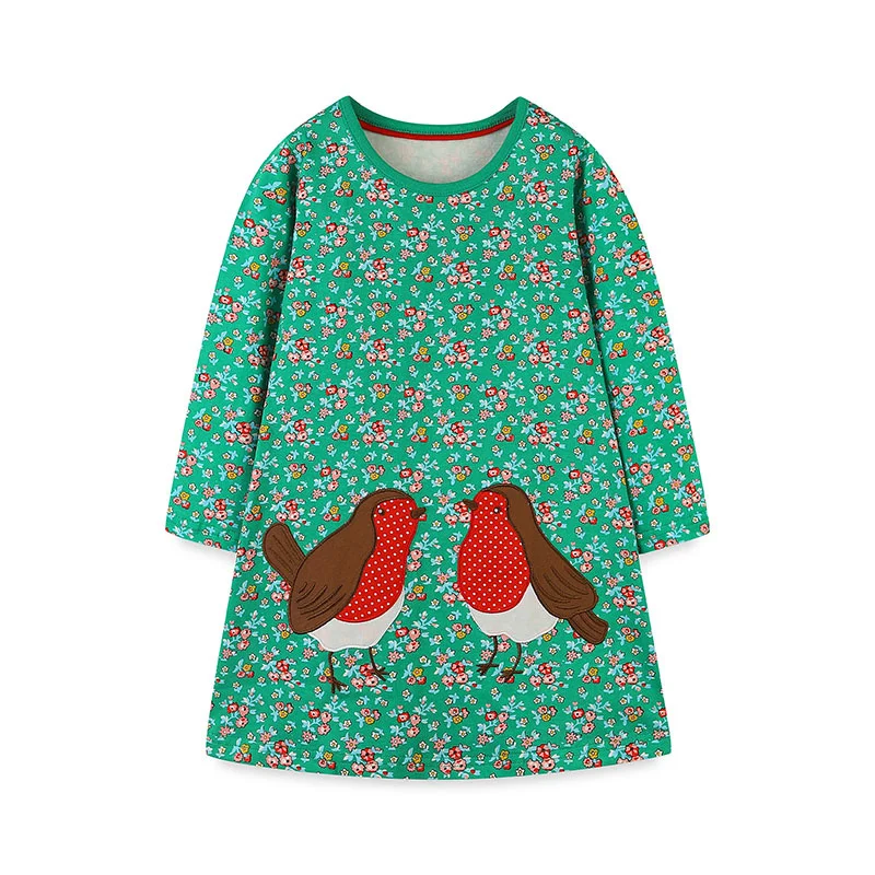 

Jumping Meters 2-7T Girls Dresses Birds Applique Autumn Spring Children's Party Girls Clothing Long Sleeve Floral Kids Frocks