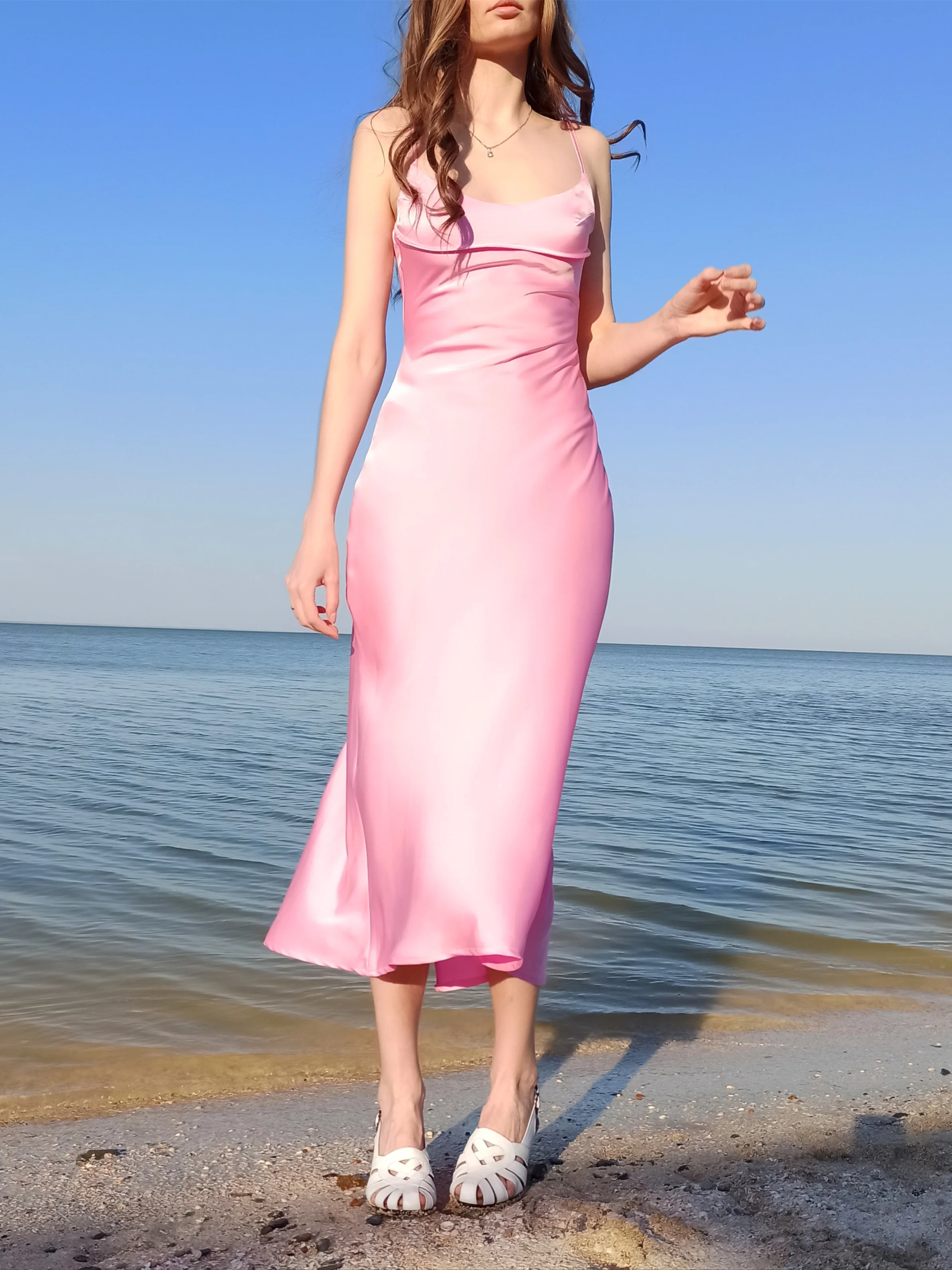 

Элегантное женское розовое ажурное атласное миди-платье, привлекательные трапециевидные платья на бретелях-спагетти с открытой спиной и в...