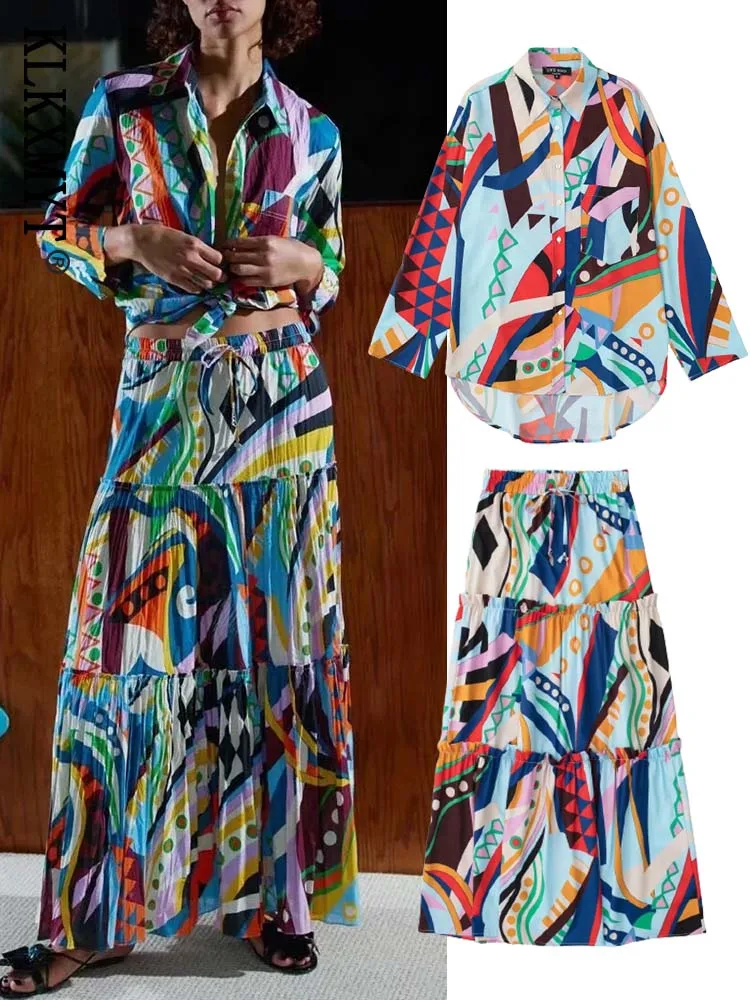 

Zar 2022 Women Fashion Print Midi Skirts Set Woman 2 Pieces Suit Female Long Sleeve Print Shirts Tops Vintage Casual Sets