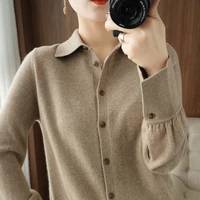 2021 spring autumn and winter new womens polo collar shirt cardigan pure color knit coat 100 wool sweater